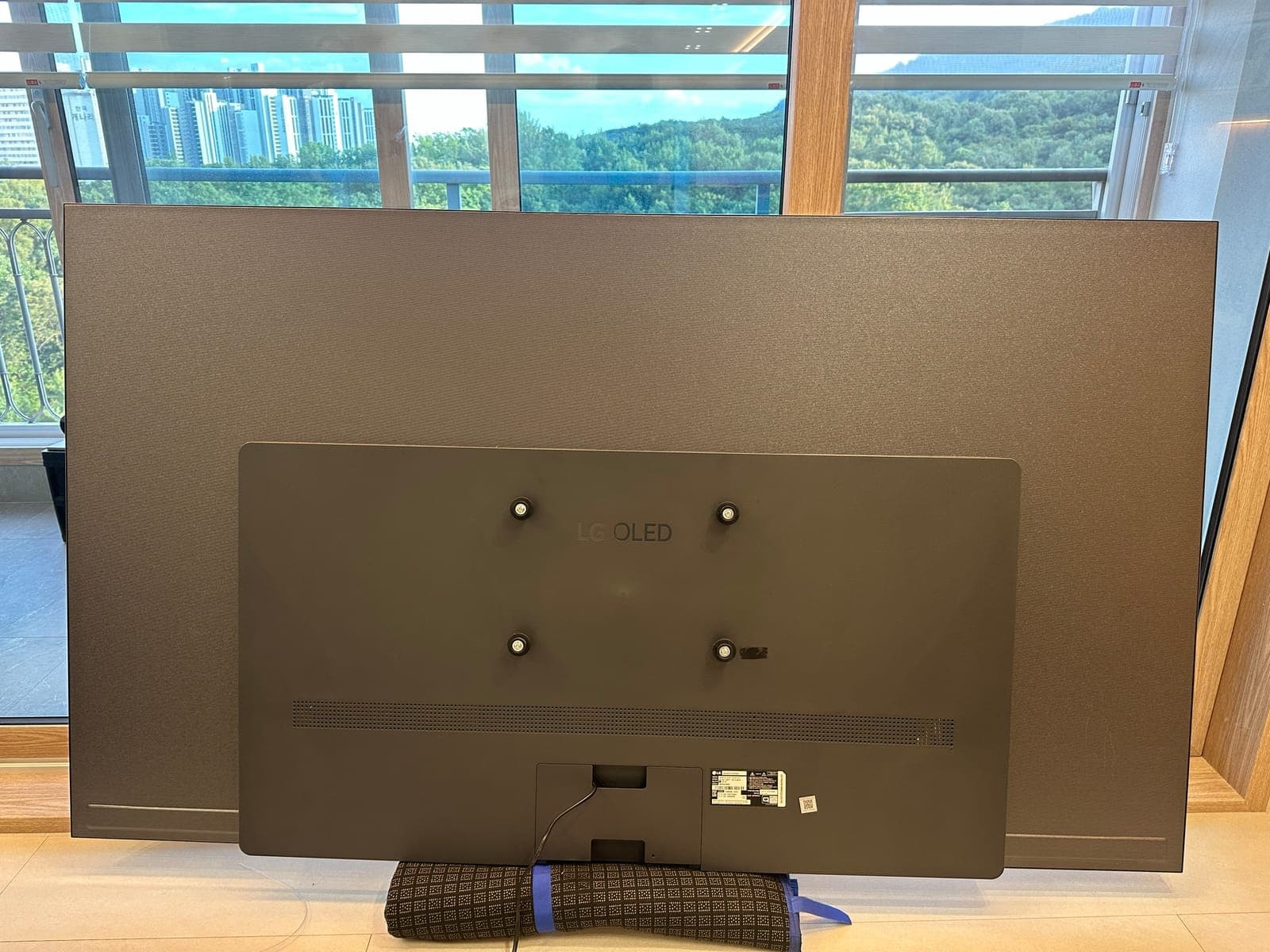 LG OLED TV 뒷면. 얇은 패널 아래쪽에 사각 박스가 튀어나와 있어 슬림반매립 방식이 필요한 구조