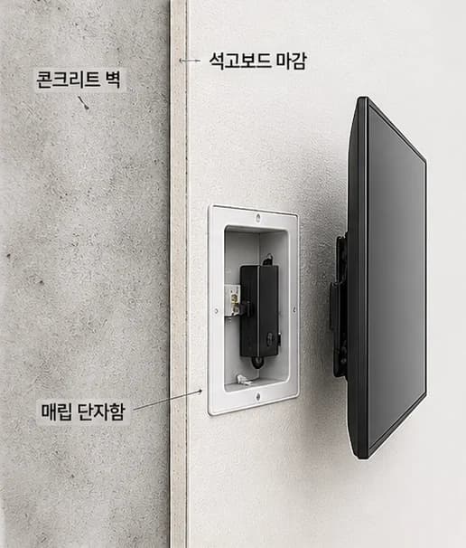 콘크리트 벽에 석고보드를 마감한 단면 — 매립 단자함 안에 함체를 고정하고 TV를 건 모습
