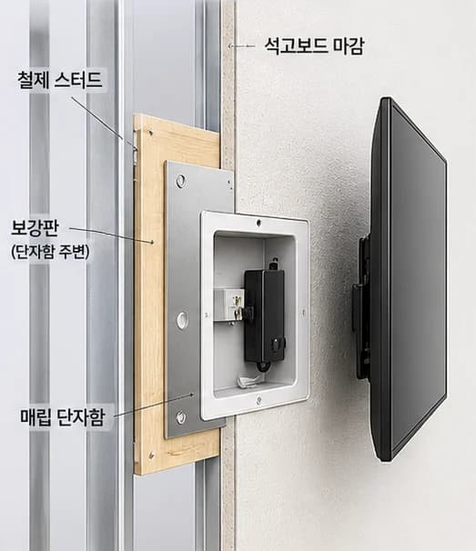 철제 스터드와 석고보드로 만든 가벽 단면 — 단자함 주변 보강판이 스터드에 이어져 있고 함체와 TV를 건 모습
