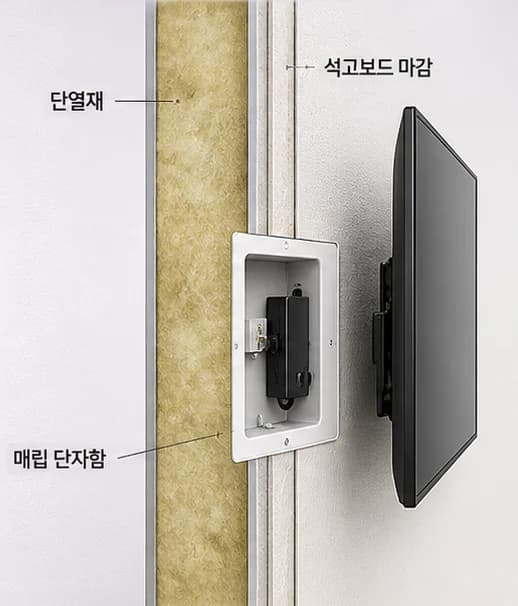 단열재에 석고보드만 붙은 뼈대 없는 벽 단면 — 매립 단자함과 TV